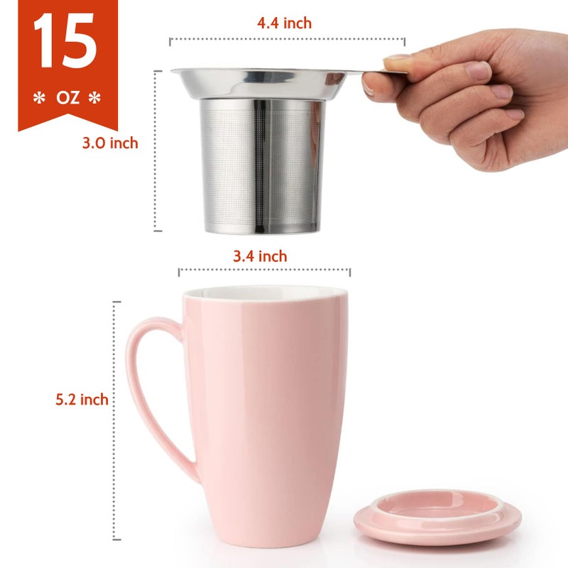 Sweese 15 OZ Porcelain Tea Mug with Infuser and Lid, Loose Leaf Tea Cup, Gifts for Tea Lover, Pink - Image 2